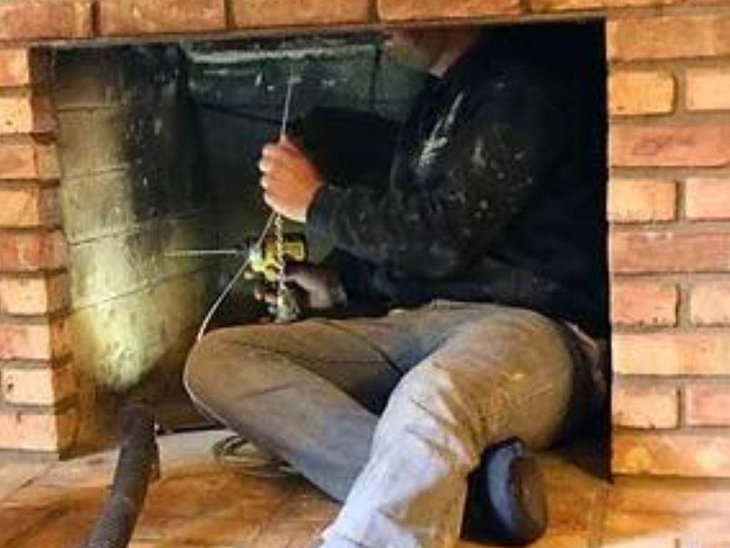 Technician cleaning chimney flue from inside a fireplace.