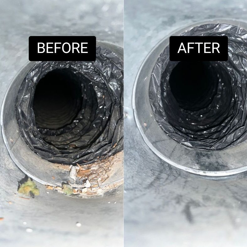 Before and after EcoAirClean cleaning dirty air duct interior