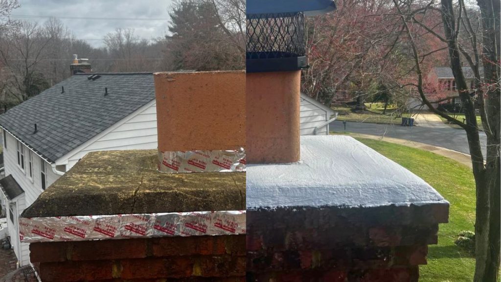 Chimney crown before and after repair with sealant coating.