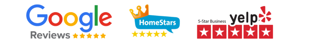 Google Reviews, HomeStars, and Yelp 5-star business rating logos showcasing trusted customer satisfaction.