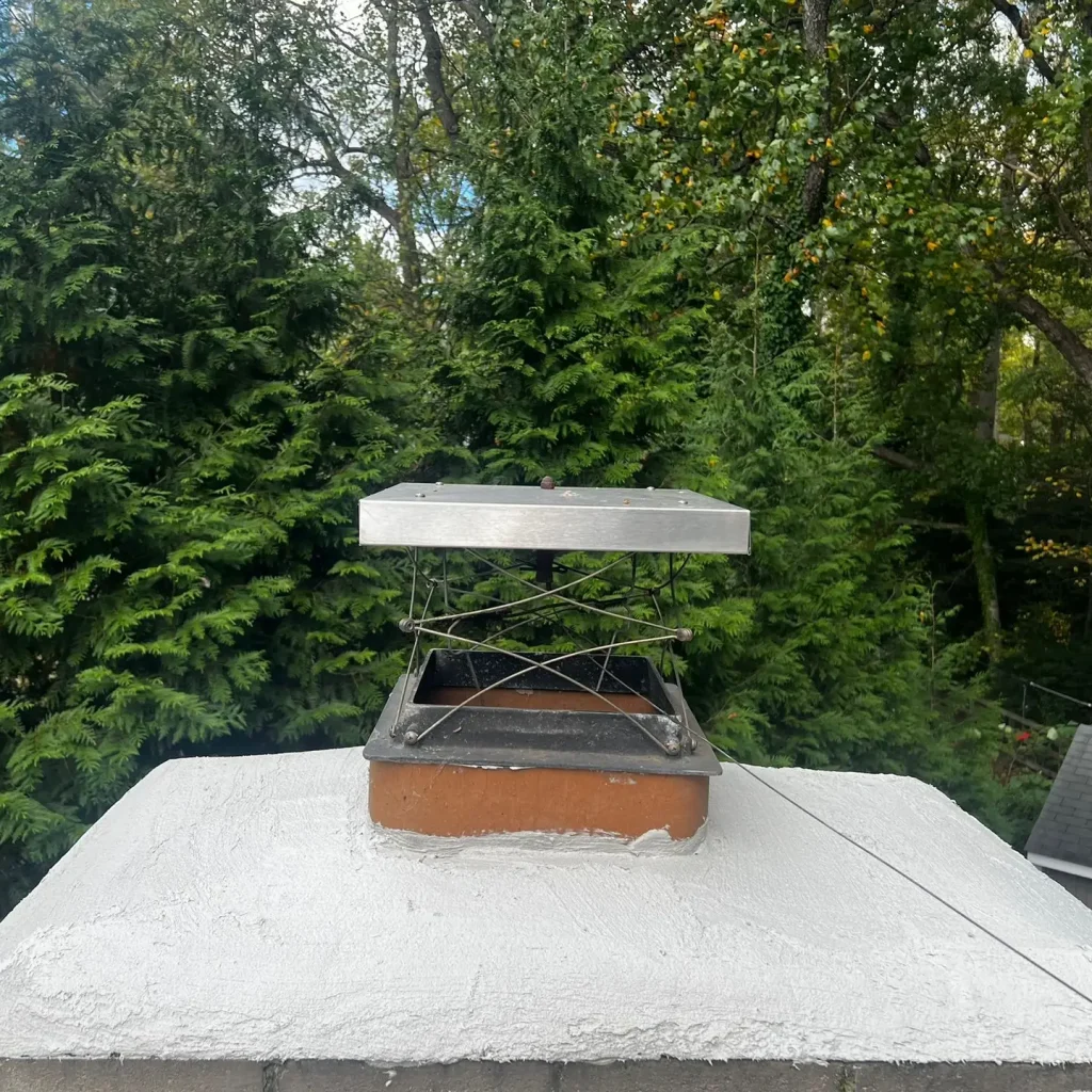 Chimney with new stainless steel cap on sealed crown.