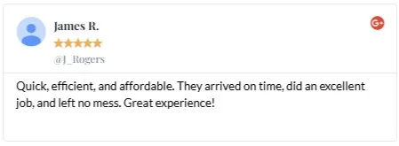 Five-star customer review for Eco Air Sweepers highlighting quick, efficient, and affordable service.