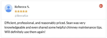 Five-star review from Rebecca S. praising Eco Air Sweepers for efficient, professional, and reasonably priced chimney cleaning.