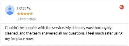 Five-star chimney cleaning review from Peter W. praising Eco Air Sweepers for safety and service.