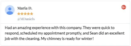 Five-star chimney cleaning review from Maria D. praising Eco Air Sweepers for fast response and excellent service.